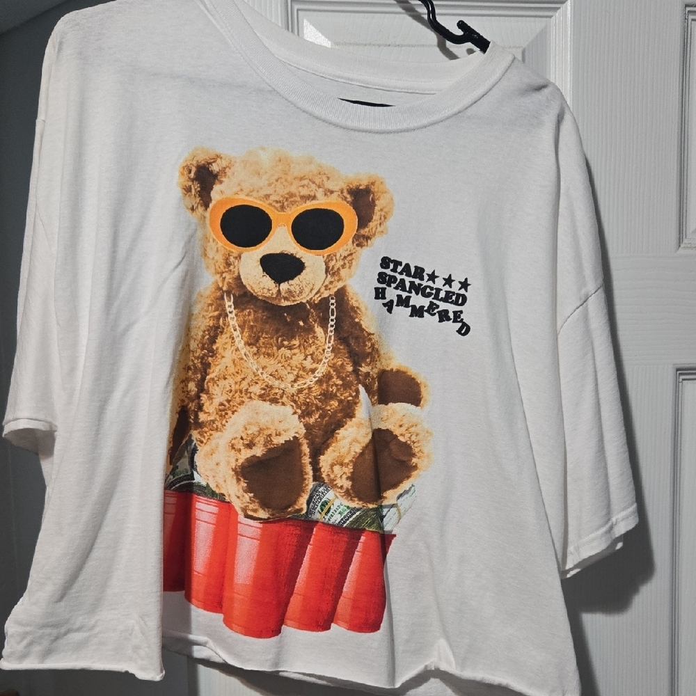 Fashion Nova White Crop Top with Teddy Bear Graphic